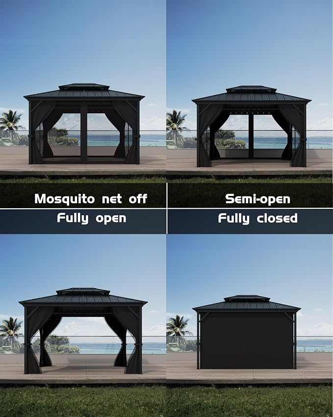 Hardtop Gazebo 12'x14' for All Weather, with Double Metal Roof, Aluminum Alloy Frame, Net, and Curtain, Permanent Building for Patio, Deck, Backyard, Lawn, and Garden, Gray