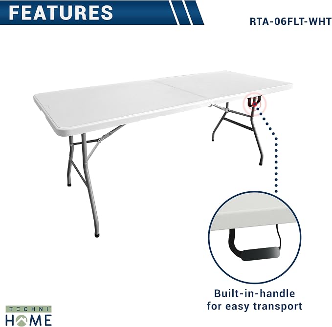 6 FT Granite White Folding Table with Easy- Carry Handle – Premium 6 Foot Folding Table Ideal for Camping, Picnic, Party or Home Use