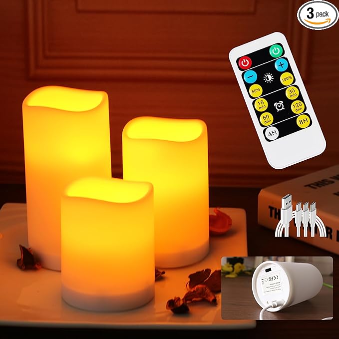 Remote Control Rechargeable Flameless LED Pillar Candle Light, Outdoor/Indoor Flicker Plastic Candle, 3 Pack with Remote Control