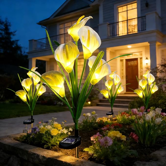 2 Packs Calla Lily Solar Flowers Outdoor Waterproof - Decorative Solar Lights Outdoor for Garden Yard Pathway, Grave Flowers for Cemetery,Mother's Day, Father's Day, Memorial Day & Heaven Birthday