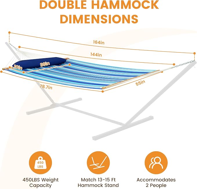 Lazy Daze Hammocks 12 FT Quilted Fabric Double Hammock with Spreader Bars and Detachable Pillow, 450lbs Weight Capacity