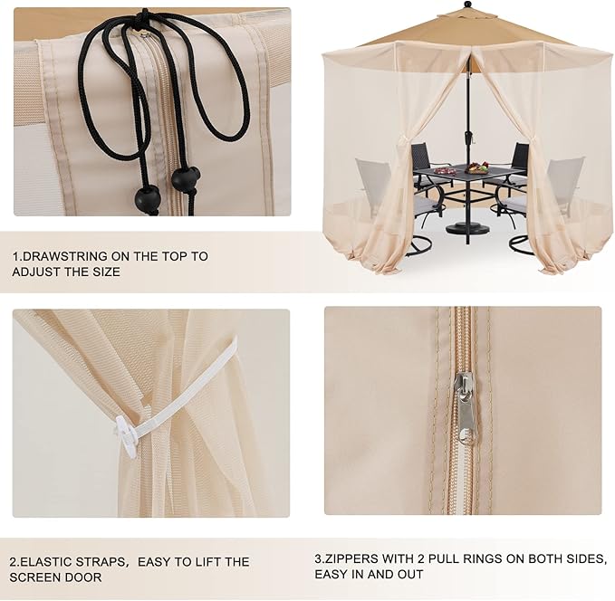 COOSHADE 7.5-11FT Patio Umbrella Mosquito Netting Polyester Screen Mesh Net for Outdoor Umbrella with Zipper Door and Weight Bag Beige