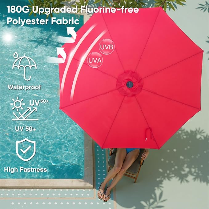 DUMOS LED Outdoor Patio Umbrella 10 FT UV-Resistant Market Umbrella with Tilt Adjustment & Crank Lift, All-Weather Shade for Backyard, Deck, Garden, Beach