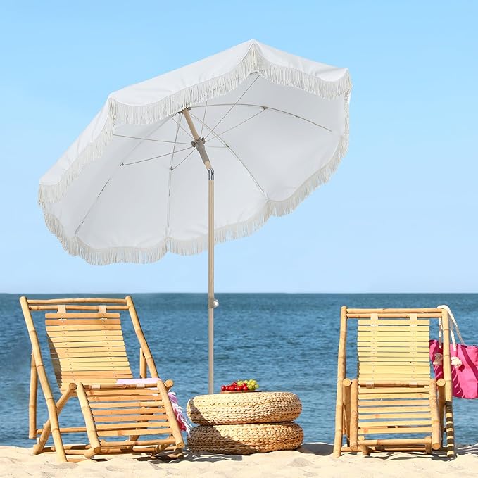 Tempera 7ft Boho Beach & Patio Umbrella with Fringe, Market Umbrellas with UPF 50+ UV & Water-Resistant Canopy, 1.5" Wood Pole & Button Tilt.