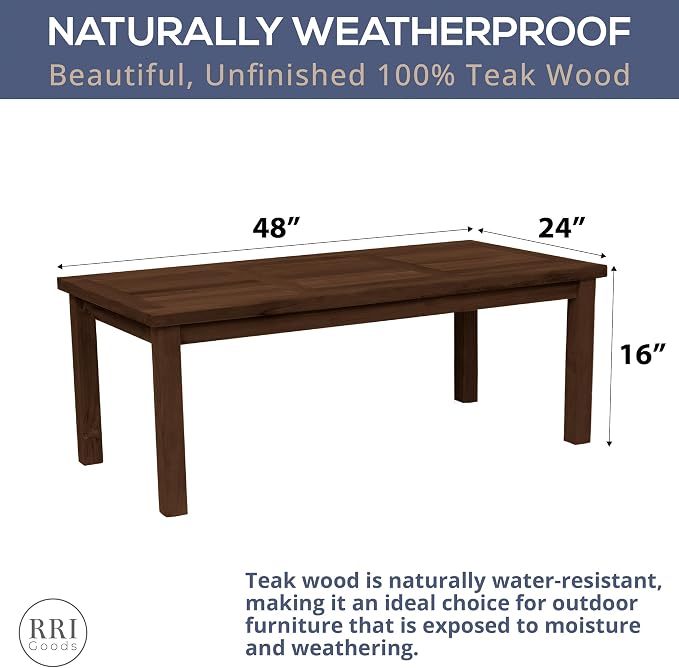 Teak Outdoor Coffee Table - Premium Grade A Teak Wood Patio Furniture, Teak Oil Finish 24"x48" Rectangular Table for Patio, Balcony, Lawn, Deck, Backyard, Terrace