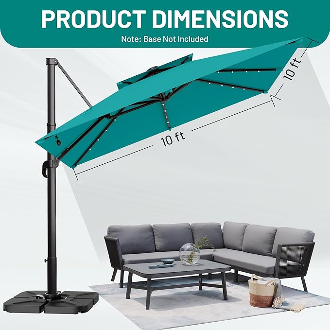 AreShark 10×10FT Solar LED Cantilever Umbrella with Base Included, Double-Top Outdoor Patio Offset with 360 Degree Rotation, Square Offset Hanging Umbrella for Garden Deck Pool, Turquoise Blue