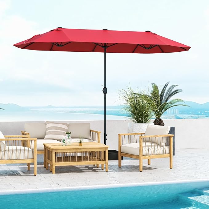 Giantex Patio Umbrella with Base, Double-Sided Outdoor Umbrella with Crank Handle, Umbrella Base Stand with 2 Sandbags, 12 Metal Ribs, Market Umbrellas for Garden Poolside Deck