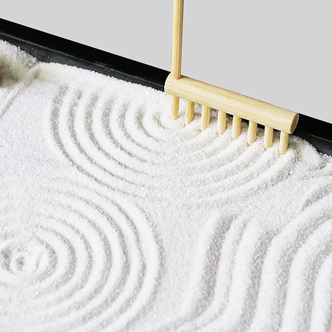 Cayway 7 PCS Garden Rake Kit, Garden Zen Rake Tools Sand Garden Kits Bamboo Rakes Tool Bamboo Rakes Holder with Moss Brusher Spoon