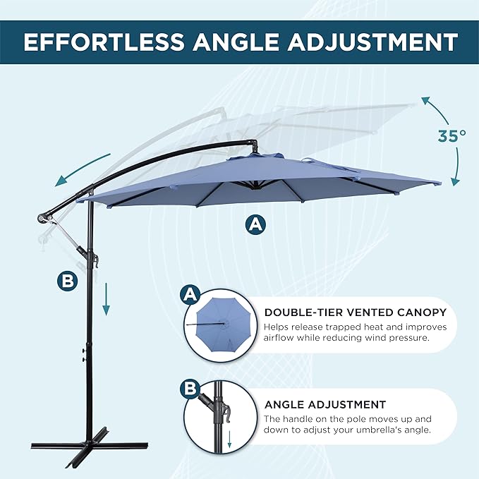 10FT Offset Patio Umbrella, Cantilever Hanging Umbrella with Infinite Tilt, Fade-Resistant Water-Repellent Canopy & Cross Base for Yard, Garden & Deck
