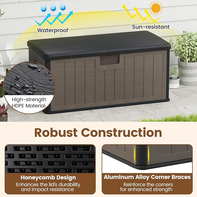 Giantex 100 Gallon Deck Box, Waterproof Resin Box with Lockable Lid, 440Lbs Outdoor HDPE Storage Container Bench for Patio Furniture Cushions, Pool Tools & Garden Accessories (Black+Brown)