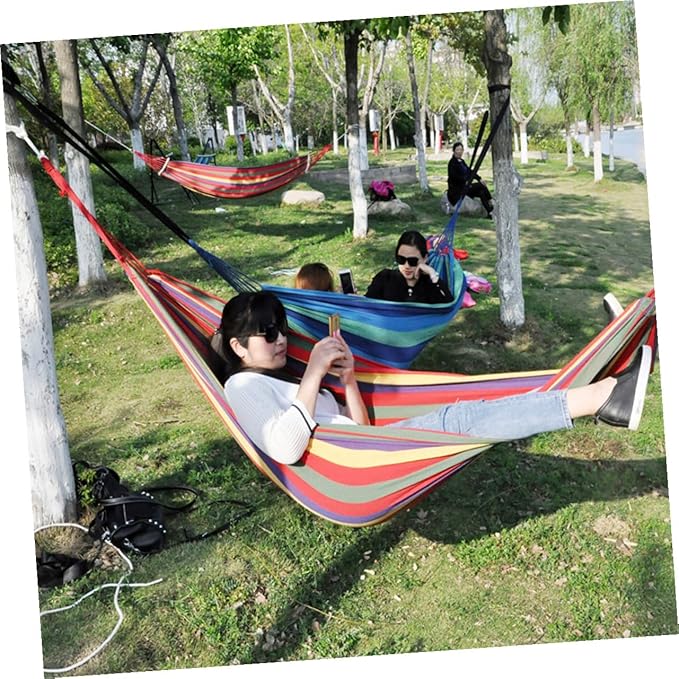 INOOMP Double Thickened Canvas Outdoor Hammock with Two Binding Ropes and Carry Bag Lightweight Camping Swing Chair in Red for Travel Backpacking Relaxation