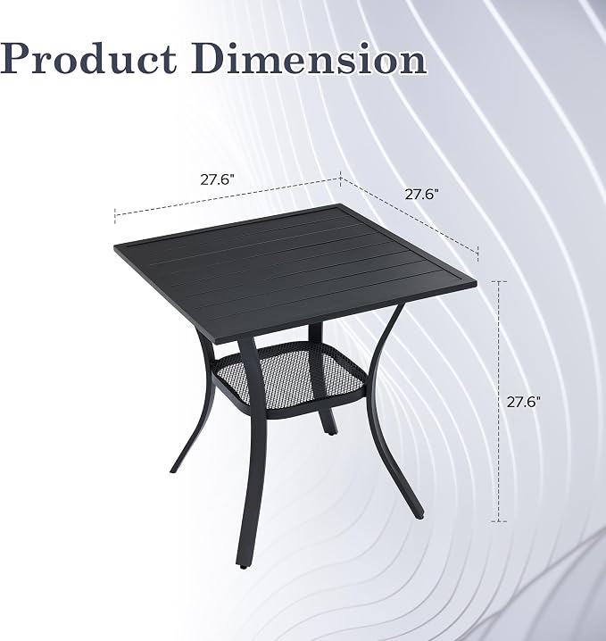 Outdoor Dining Table with Storage Shelf, 27.5" All-Weather Square Patio Dining Table for 2, Metal Patio Table for Garden Lawn Porch Deck Yard, Black