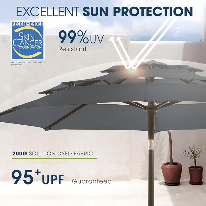 wikiwiki 10ft 3-Tier Patio Umbrella Outdoor Table Market Umbrella for Patio with Push Button Tilt/Crank, Fade Resistant Waterproof POLYESTER Canopy for Garden, Lawn, Deck, Backyard & Pool, Dark Gray