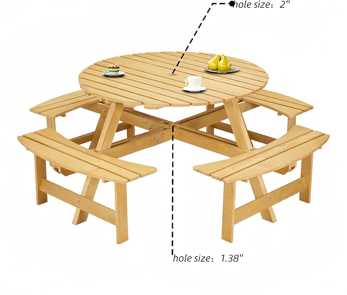 JOYBASE 8-Person Wooden Picnic Table, Outdoor Round Table with Built-in Benches and Umbrella Hole, Picnic Table Bench Set for Patio, Backyard, Garden (Natural)
