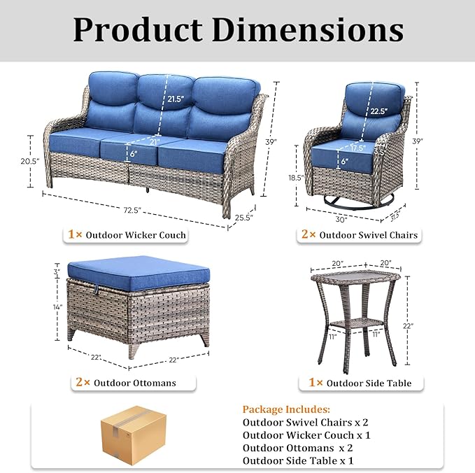 Luxury High Back Patio Furniture Set with 6-Inch Thick Cushions, 6-Pieces Outdoor Furniture with Swivel Chairs &Side Table, Wicker Conversation Set for Porch, Balcony, Deck and Yard, Grey/Blue