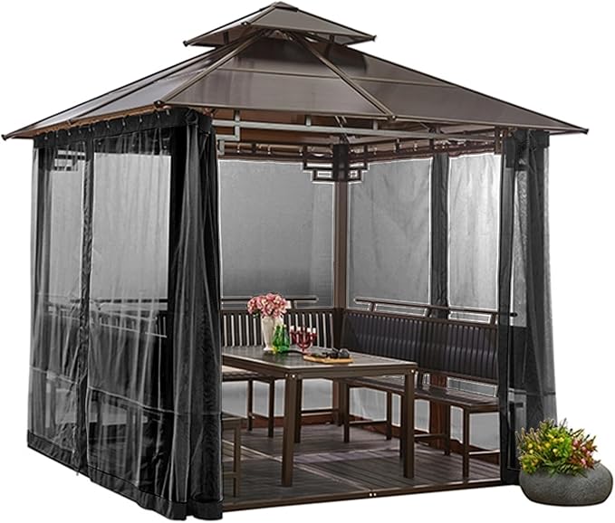 10' x 12' Gazebo Universal Replacement Mosquito Netting,Black Outdoor Canopy Net Screen 4-Panel Sidewall Curtain, with Zippers,Mosquito Netting（Only）