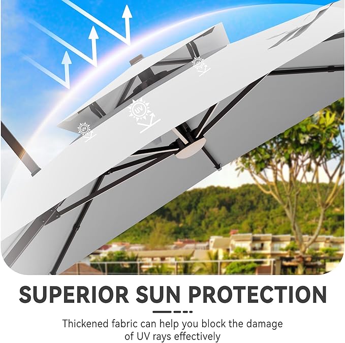 10x13 FT Cantilever Patio Umbrella with Led Lights Double Top Outdoor Rectangular Large Heavy Duty Aluminum Offset Umbrellas with 7 Level Tilt 360-degree Rotation for Pool Garden Deck, Fog Grey