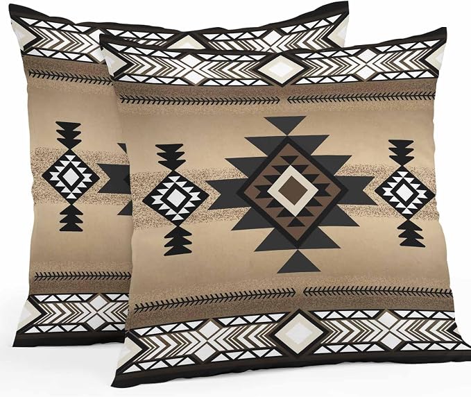 Vandarllin Outdoor Throw Pillows Covers 16x16 inch Set of 2 Waterproof Brown Tribal Style Decorative Zippered Cushion Covers for Patio Furniture, Southwest Native American Lumbar Pillowcases