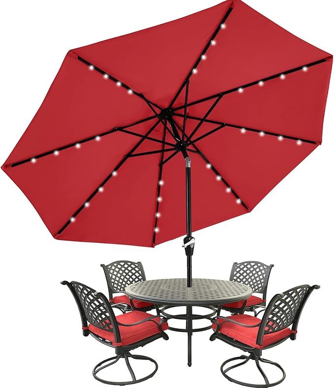 MASTERCANOPY 11FT 8Ribs Patio Umbrella with 32 Solar LED Lights, Outdoor Market Umbrella with Tilt & Crank, UV Protection & Fade Resistant Fabric, Easy Set-Up for Garden, Deck, Pool (Red)