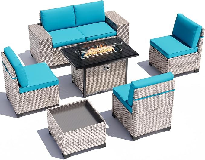 7-Piece Outdoor Patio Furniture Set with Fire Pit, Modular Sectional Sofa Set with Glass Coffee Table and Cushions, Wicker Outdoor Couch Conversation Sets, Turquoise