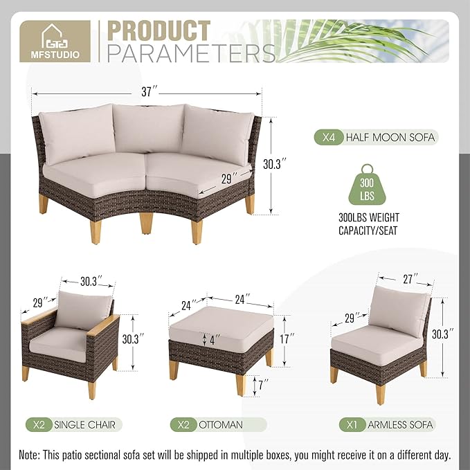 MFSTUDIO 9 Pieces Wicker Patio Furniture Set, All-Weather Rattan Outdoor Half-Moon Curved Sectional Sofa Set for Garden, Backyard, 4 x Curved Sofa, 1 x Armless Chair, 2 x Ottomans, 2 x Corner Sofa