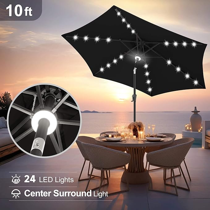 FLAME&SHADE 10ft Solar Outdoor Umbrella - 24 LED Lighted Patio Umbrella with Centre Surround Light, Table Umbrellas with Tilt & Crank for Pool, Porch, Garden, Deck, Backyard UV Protection (Black)