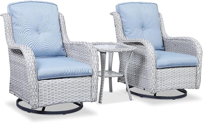 Rilyson Patio Chairs Rocking Swivel Chiar - 3 Piece Outdoor Wicker Patio Bistro Set Rattan Rocker Glider Chairs with High Back and Deep Seating for Outside Porch Deck Garden(Light Grey/Sky Blue)