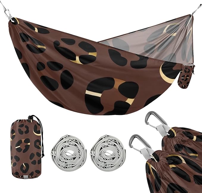 Brown and Gold Leopard Outdoor Hammock with Tree Straps for Outside Patio Garden