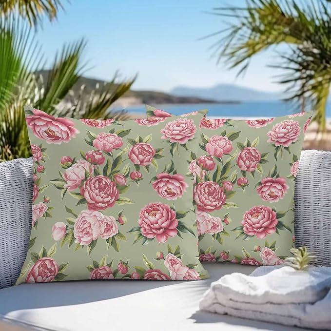 Vandarllin Outdoor Throw Pillows Covers 26x26 inch Set of 2 Waterproof Pink Rose Floral Decorative Zippered Cushion Covers for Patio Furniture, Sage Green Leaves Flowers Lumbar Pillowcases
