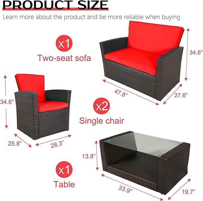 PayLessHere 4 Pieces Patio Conversation Set, Outdoor PE Rattan Wicker Sofa Furniture Set with Soft Cushions and Glass Coffee Table for Backyard Lawn Garden Balcony Porch Poolside,Red