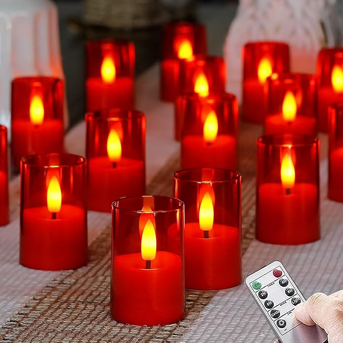 Flameless Small Tea Light LED Candles, Acrylic Battery Operated Votive 1.7" x2.5" with Remote Control and Timer, Tealight Red Flickering Warm Light Pack of 15 Electric Long Lasting