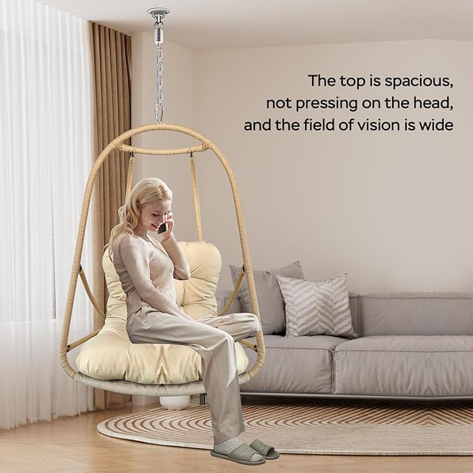 JESE Swing Egg Chair Foldable Frame Hanging Chairs, UV Resistant Waterproof Cushion and Cup Holder,Swing Hammock Chairs for Patio,Bedroom,Balcony, Garden-350lbs, No Stand, Brown