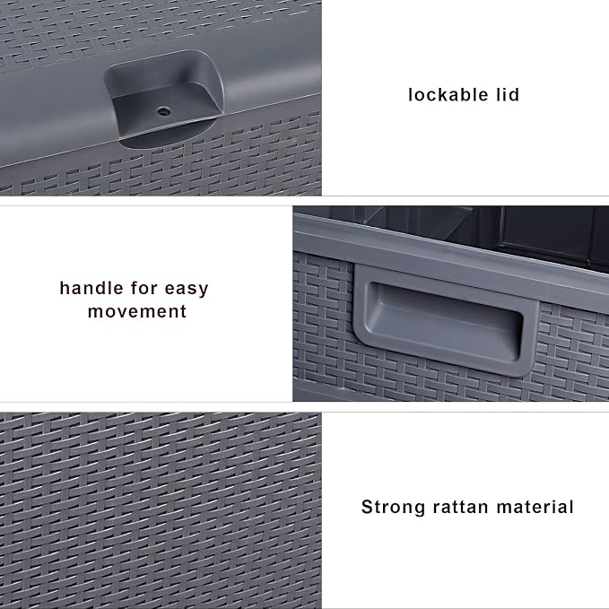 120-Gallon Grey Resin Wicker Outdoor Deck Storage Box | Lockable Latching Lid, Piston-Assist Opening, Doubles as Seating, Waterproof Construction, 47" x 24" x 24.8"