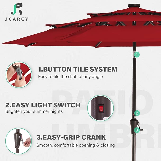 JEAREY 3 Tiers Patio Umbrella with Solar Lights 9ft Outdoor Market Table Umbrellas with Push Button Tilt for Outside Pool Garden, Red