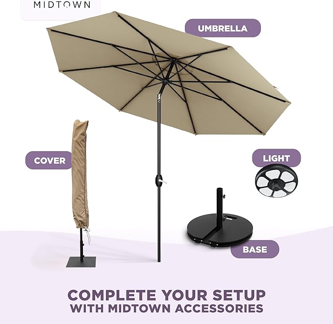 Midtown Umbrellas – The Lean 9 Ft Patio Umbrella with 10-Year-No-Fade Acrylast Acrylic Fabric, Auto-Tilt and 8 Reinforced Ribs for Deck, Pool, Garden, Hotel & Cafes – Sahara Canopy, Black Pole
