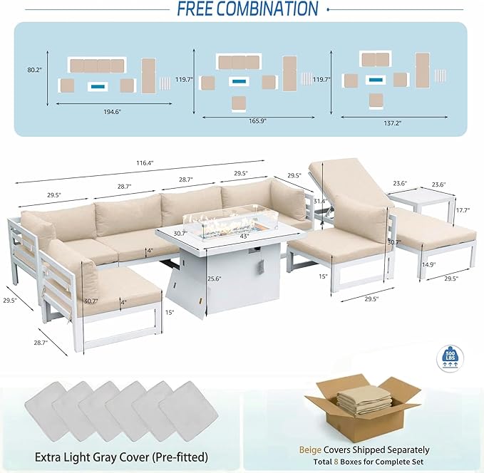 NICESOUL Extra Large Luxury Aluminum Outdoor Sectional Sofa with Lounger, Weather Resistant Modular Patio Furniture Set for 7 People, 500 lbs Heavy Duty Conversation Couch for Poolside Garden, Beige