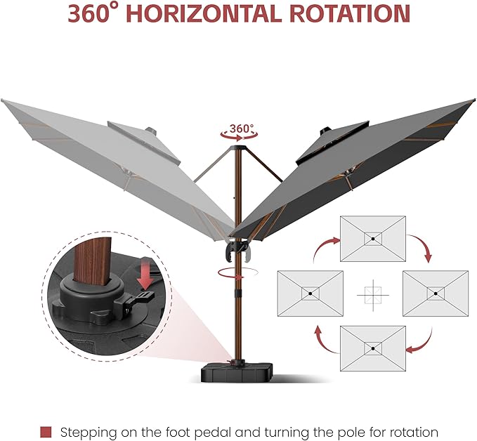 GENTEACO 10x13FT Rectangle Cantilever Patio Umbrella w/Base Included, Deluxe Wood Pattern Pole & 7 Angle Tilts, 360° Rotation, Offset Hanging Market Umbrellas for Garden Pool Patio, Grey