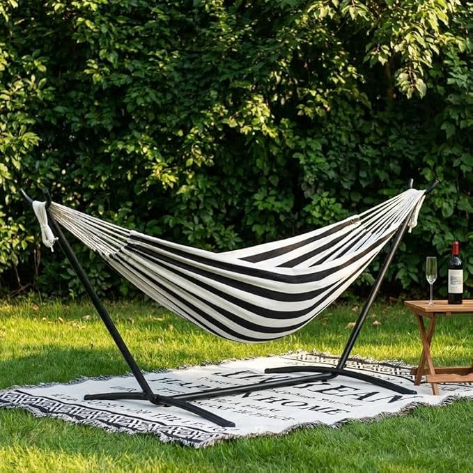 GAOMON Double Hammock with Stand, 450 lb Capacity, Adjustable Portable Hammock Chair with Sturdy Steel Frame, Thick Rope and Carrying Bag Suitable for Backyard, Camping or Outdoor