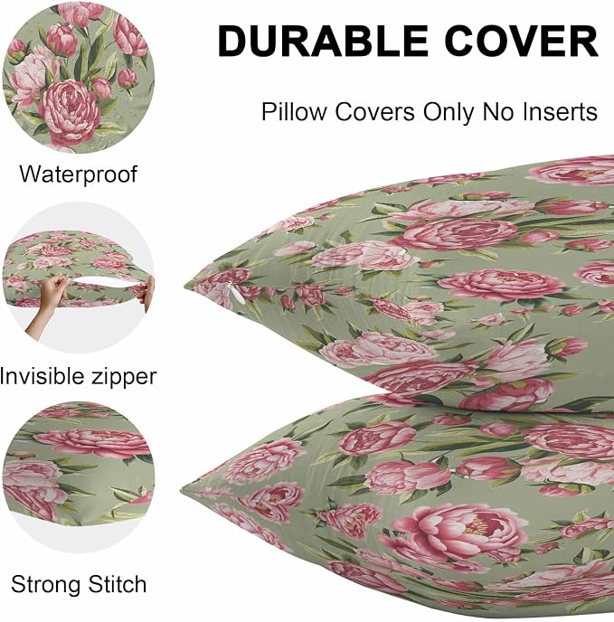 Vandarllin Outdoor Throw Pillows Covers 24x24 inch Set of 2 Waterproof Pink Rose Floral Decorative Zippered Cushion Covers for Patio Furniture, Sage Green Leaves Flowers Lumbar Pillowcases