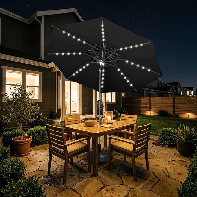 Jarka&Co 9ft Solar Patio Umbrella - 2 Tiers Solar Outdoor Umbrella with 40 LED Lights Waterprool UV Protection, Market Table Umbrella with Tilt for Backyard, Garden, Pool, Porch (Black)