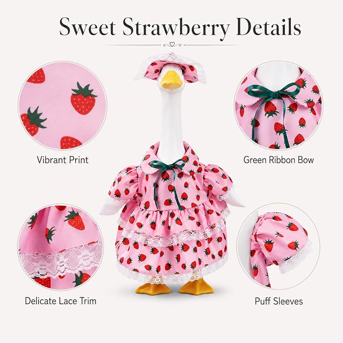 Spring Summer Porch Goose Outfit, Pink Strawberry Goose Costume for 23 Inch Goose Statue, with Lace Trim and Matching Hat, Spring Summer Outdoor Yard Lawn Patio Decor