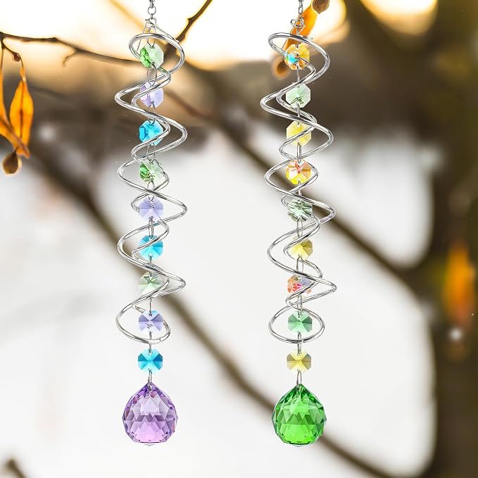 Set of 3 Crystal Spiral Wind Spinner Gazing Ball Decor | Crystal Suncatcher Rainbow Maker with Spiral Tail Hanging for Outdoor Garden Patio Porch Christmas Window Decor