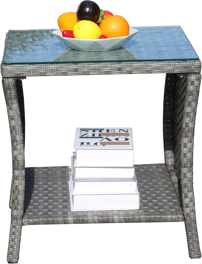Outdoor Wicker Side Table, 19.25" Square Patio End Table with Tempered Glass Top & Storage Shelf, All-Weather Grey Rattan Coffee Table for Patio, Porch, Backyard, Poolside, Indoor & Outdoor Use