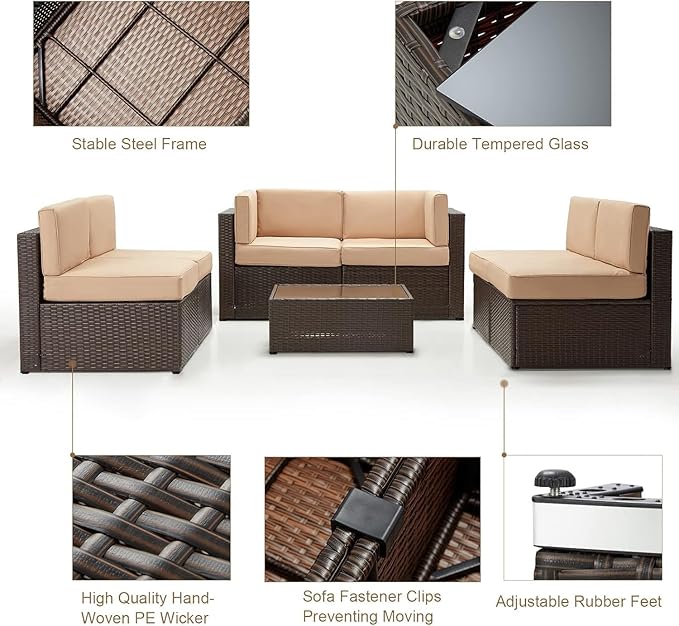 U-MAX 7 Piece Outdoor Patio Furniture Set with 43 Inch Fire Pit Table, PE Rattan Wicker Sofa Set, Outdoor Sectional Furniture Chair Set with Cushions and Tea Table, Brown Rattan&Beige Cushion