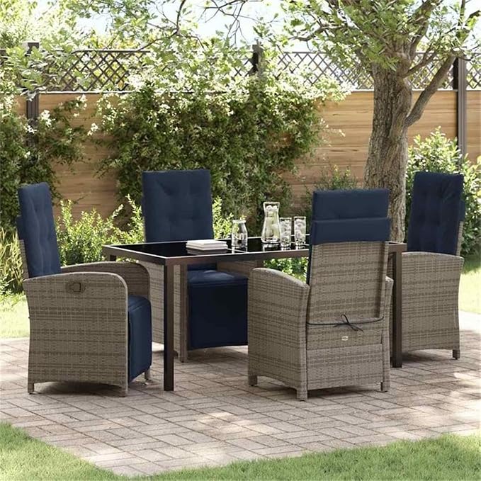 Afuera Living 5 Piece Poly Rattan Garden Dining Set, Gray, Cushioned Seats, Glass-Top Table, Adjustable Backrests, Weather-Resistant, Steel Frame, Modern Outdoor Patio Furniture for Gardens and