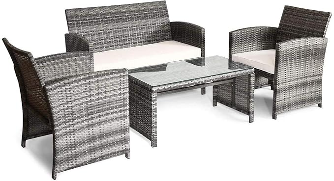 Giantex 4 Pc Rattan Patio Furniture Set Garden Lawn Sofa Cushioned Seat Mix Gray Wicker