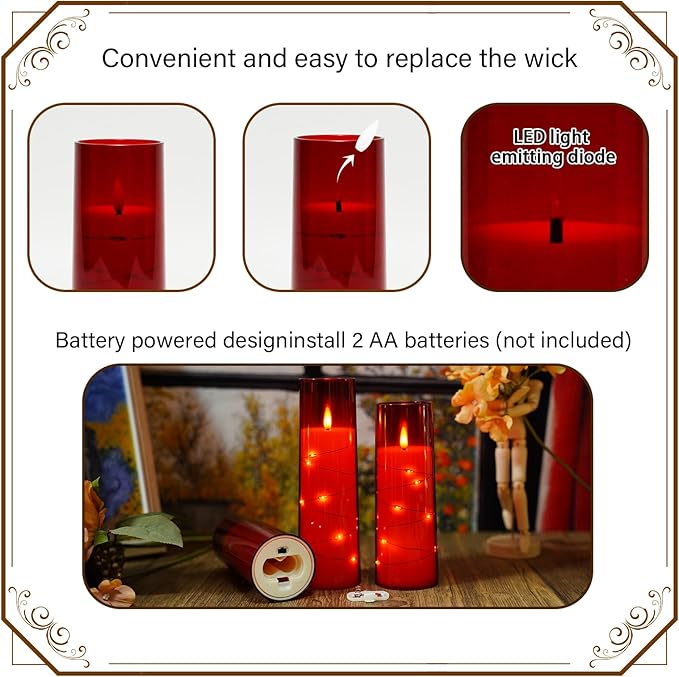 Nimiko Flickering Flameless LED Candles,Battery Operated Candles 9 Pcs with Embedded Star String,Acrylic LED Pillar Candles with Remote,Suitable for Home Decoration to Create an Atmosphere（Red）
