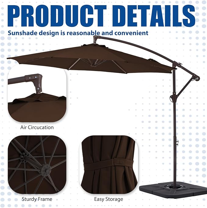 10FT Patio Umbrella, Outdoor Offset Cantilever Umbrella with Sturdy 8 Ribs, Easy Tilt Adjustment for Backyard Pool Garden,Brown