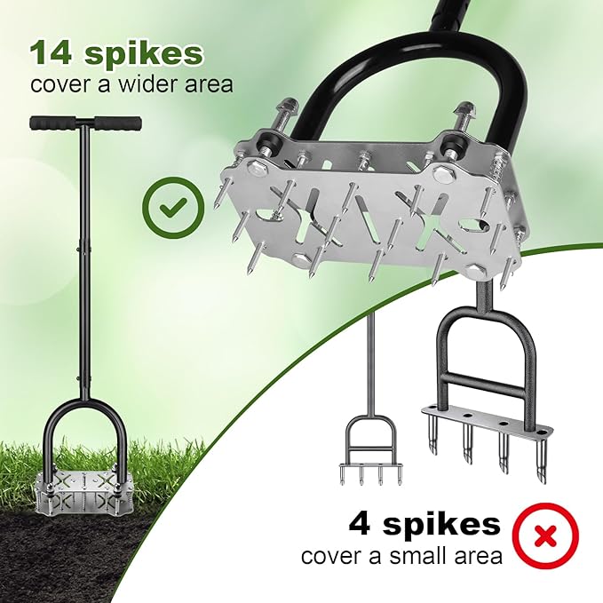 Lawn Core Aerator Tool, Manual Lawn Aerator Tool with Spring-Loaded Automatic Soil Ejection Loosener, Pre-Assembled Stainless Steel Spikes, Dual-Layer Design&Wide Foot Plate for Yard Garden Aeration