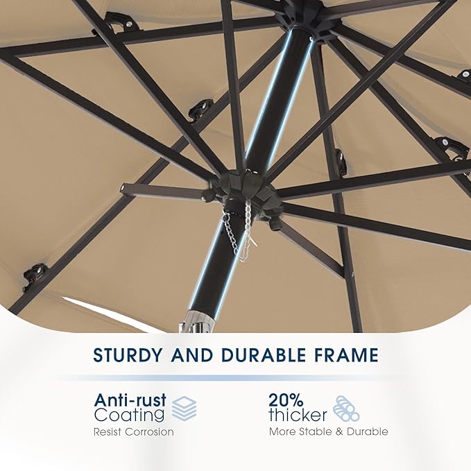 wikiwiki 9ft 3-Tier Patio Umbrella Outdoor Table Market Umbrella for Patio with Push Button Tilt/Crank, Fade Resistant Waterproof POLYESTER Canopy for Garden, Lawn, Deck, Backyard & Pool, Tan